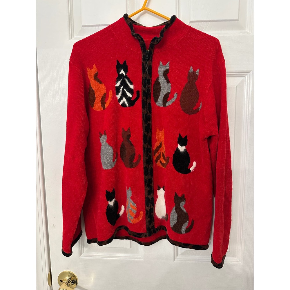 Coldwater Creek Red Cat Motif Zip Front Cardigan Sweater Leopard Trim Medium